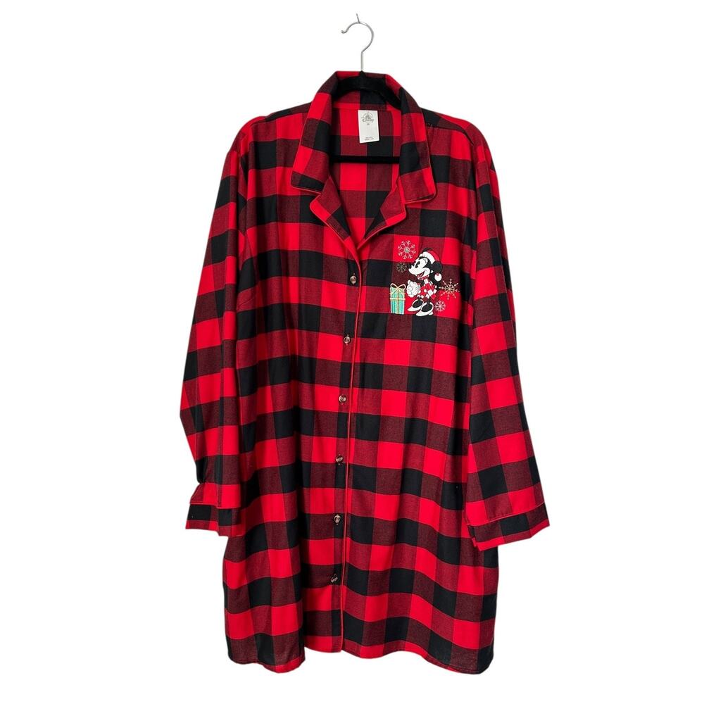 Disney Minnie Mouse Holiday Nightshirt 2X Red Black Buffalo Check Plaid Flannel